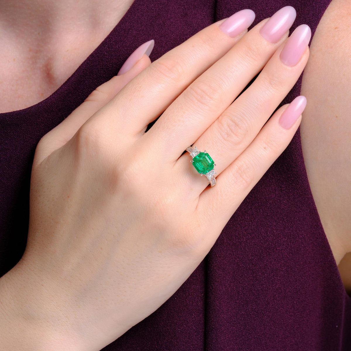 Fine 3.5 Carat Colombian Emerald & Diamond Platinum 3-Stone Ring