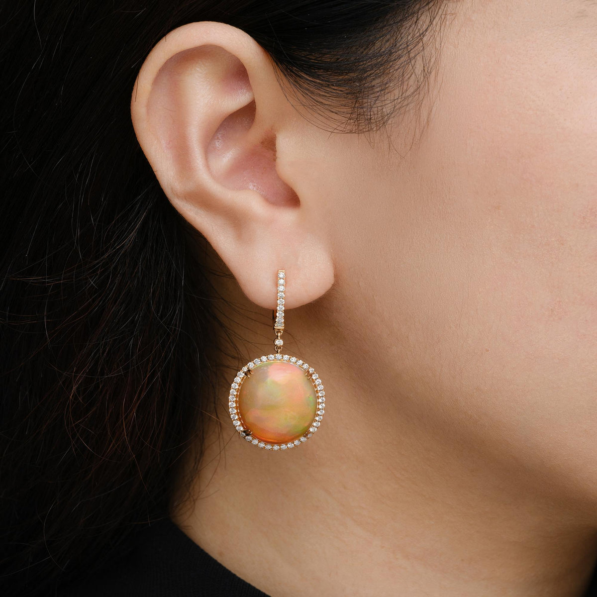 Fiery 27 Carat Opal & Diamond 18k Rose Gold Drop Earrings