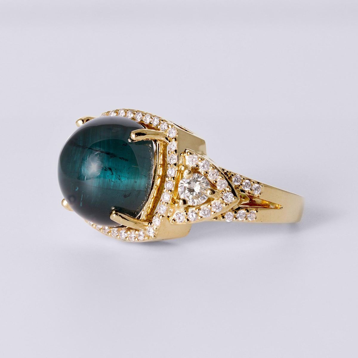Vintage 14k Gold 9.62 Carat Cat's Eye Indicolite Tourmaline & Diamond Ring