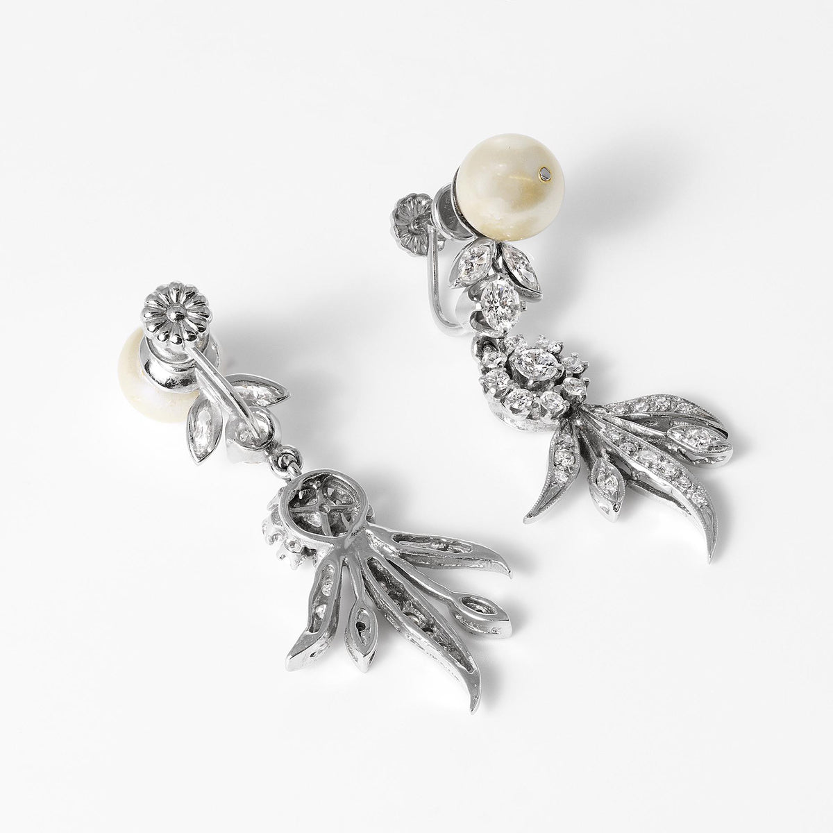 Mid Century 14k White Gold Flower, Pearl & Diamond Drop Earrings