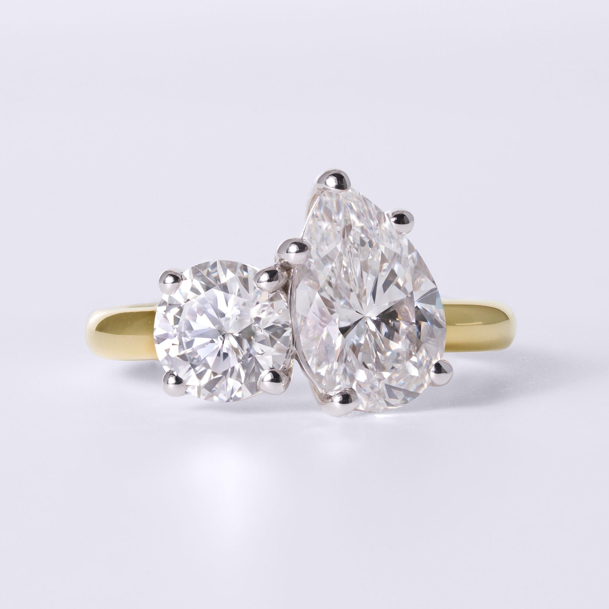 GIA 3 Carat Pear & Round Double Diamond Toi Et Moi Engagement Ring
