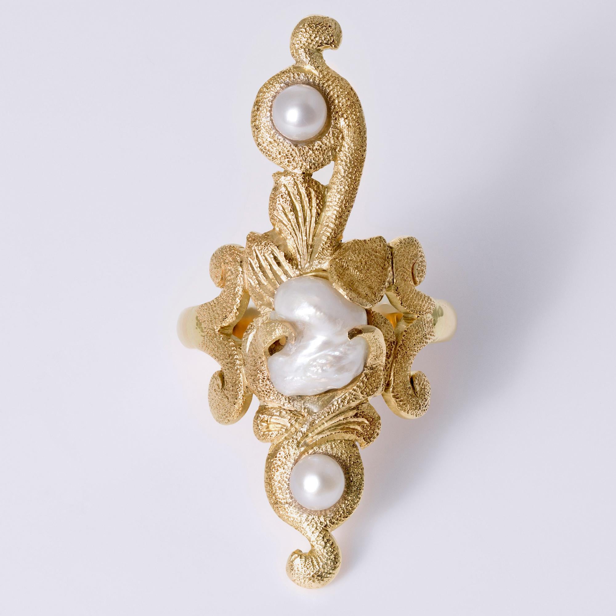 Antique 1910 Art Nouveau Natural Pearl Long 3 Stone Dinner Ring