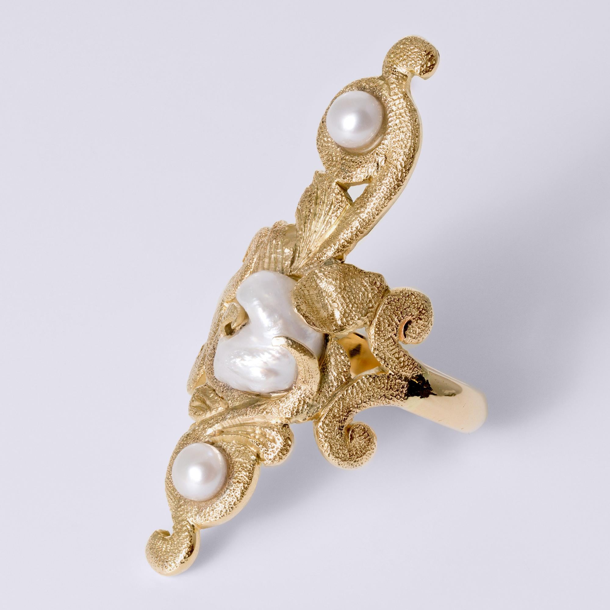 Antique 1910 Art Nouveau Natural Pearl Long 3 Stone Dinner Ring