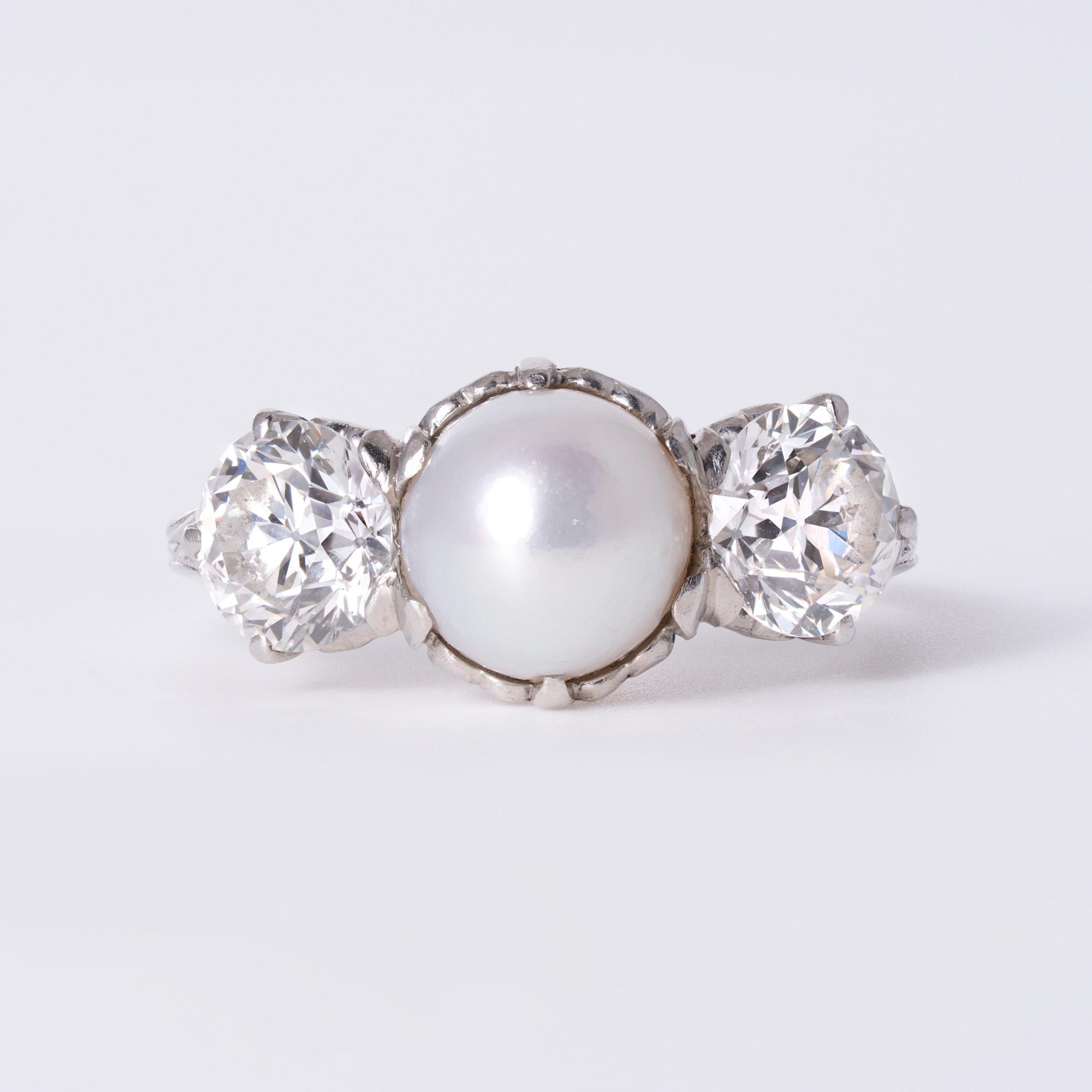 Antique Tiffany & Co Edwardian GIA Natural Pearl 3-Stone Diamond Platinum Ring
