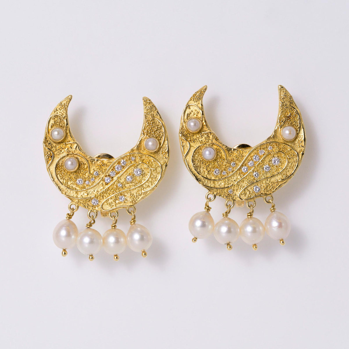 Vintage Elizabeth Gage Pearl & Diamond Half-Moon 18k Yellow Clip Earrings