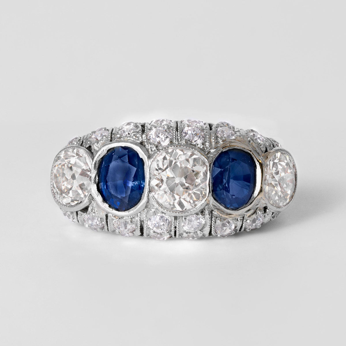 Antique Art Deco 5 Carat Domed Diamond Sapphire 5 Stone Platinum Engagement Ring