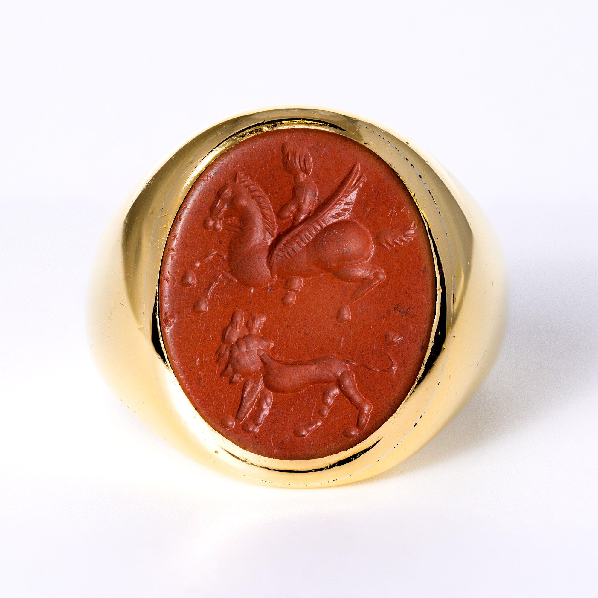 Vintage 1950s Mythology 18k Gold Intaglio Pegasus & Lion Signet Ring