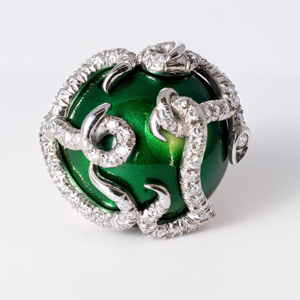 Mid-Century Medusa Diamond Green Enamel Gold Snake Dome Ring