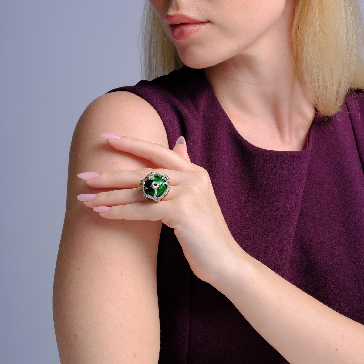 Mid-Century Medusa Diamond Green Enamel Gold Snake Dome Ring