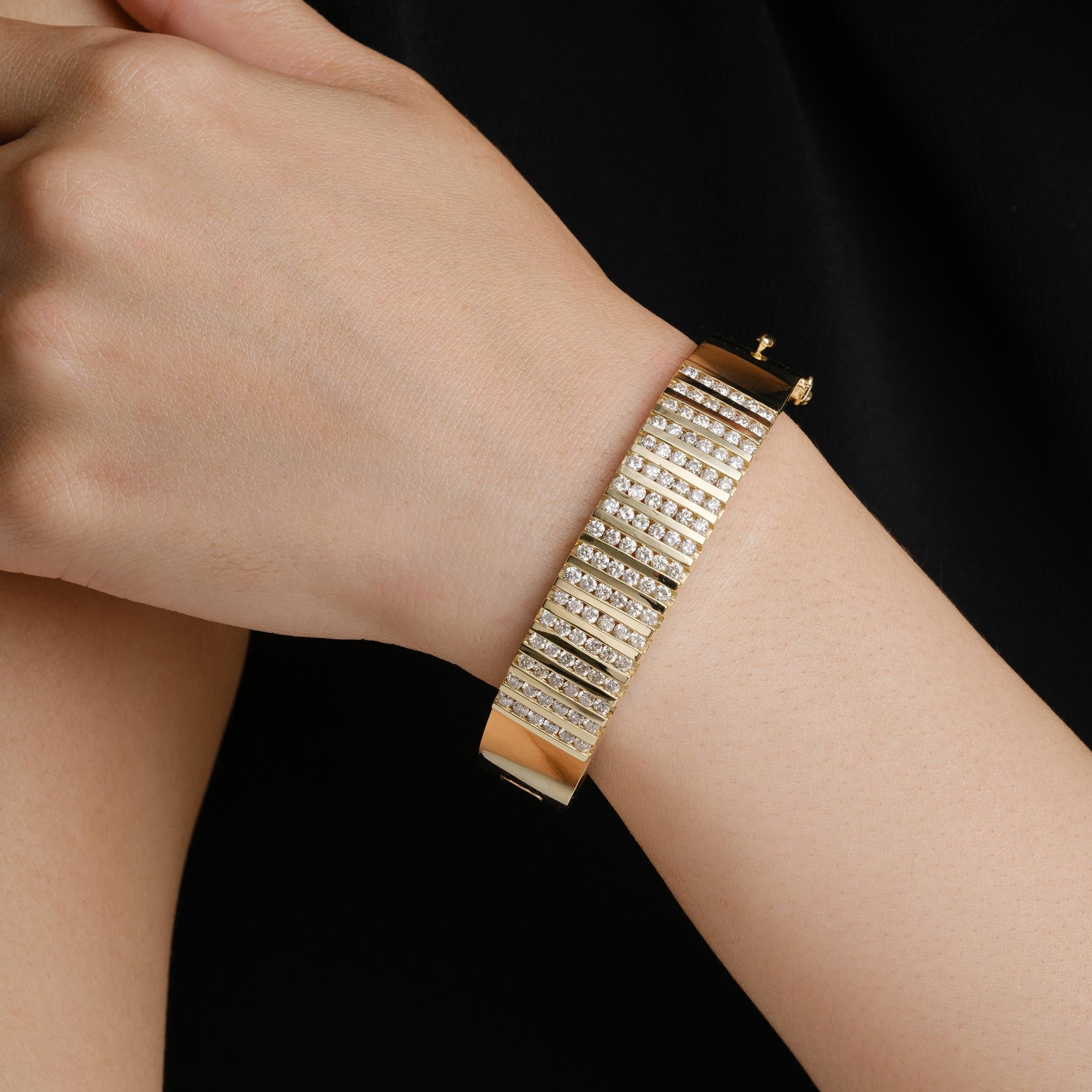 Vintage 1980s 3 Carat Diamond Chunky 14k Yellow Gold Wide Bangle Bracelet