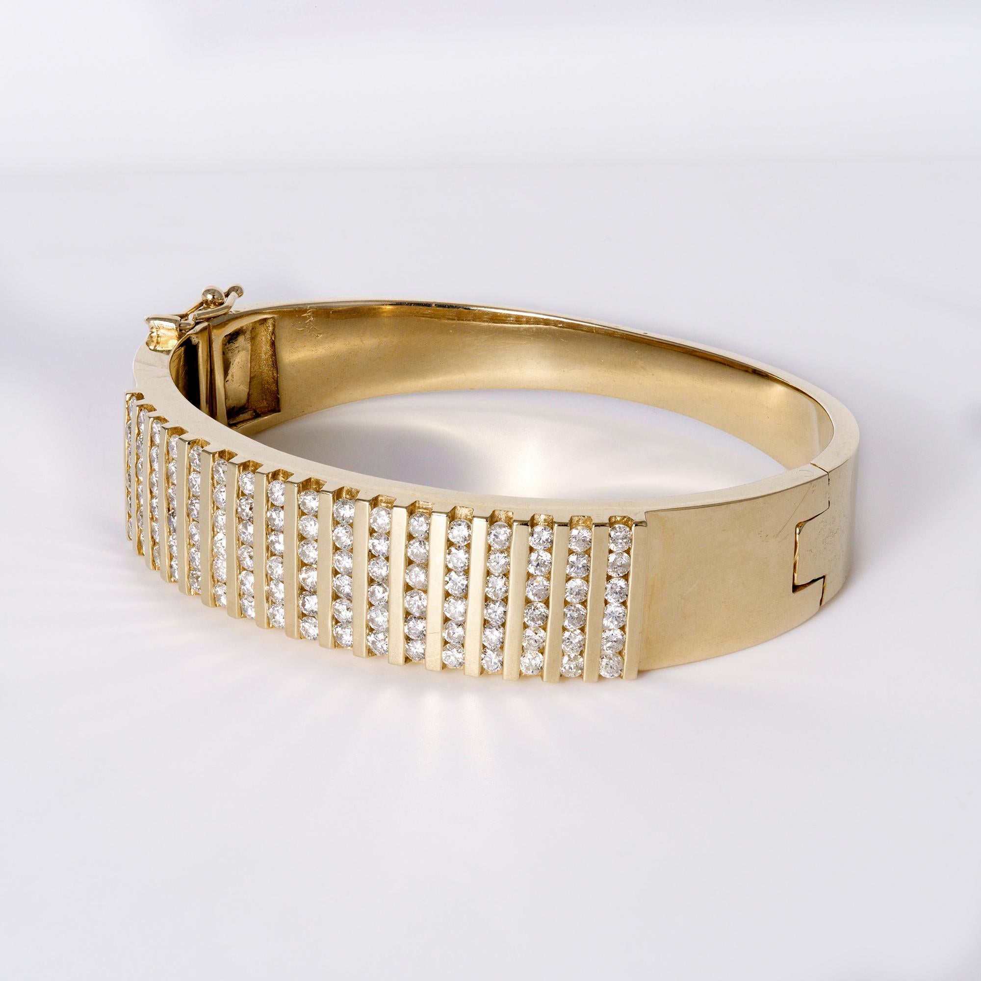 Vintage 1980s 3 Carat Diamond Chunky 14k Yellow Gold Wide Bangle Bracelet