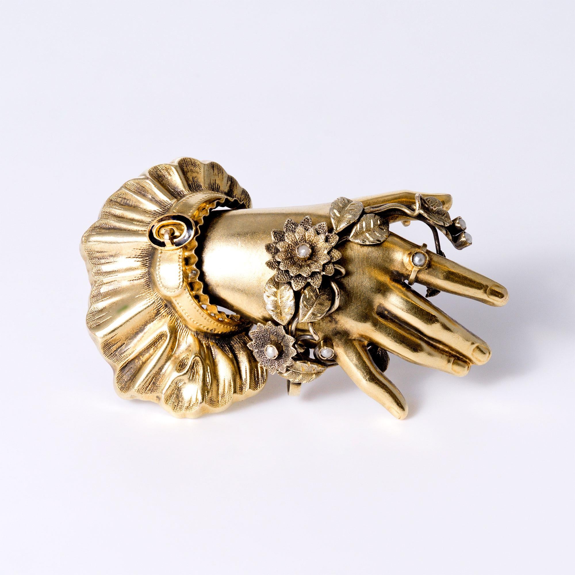 Victorian 18k-22k Gold Black Enamel Mourning Hand Brooch