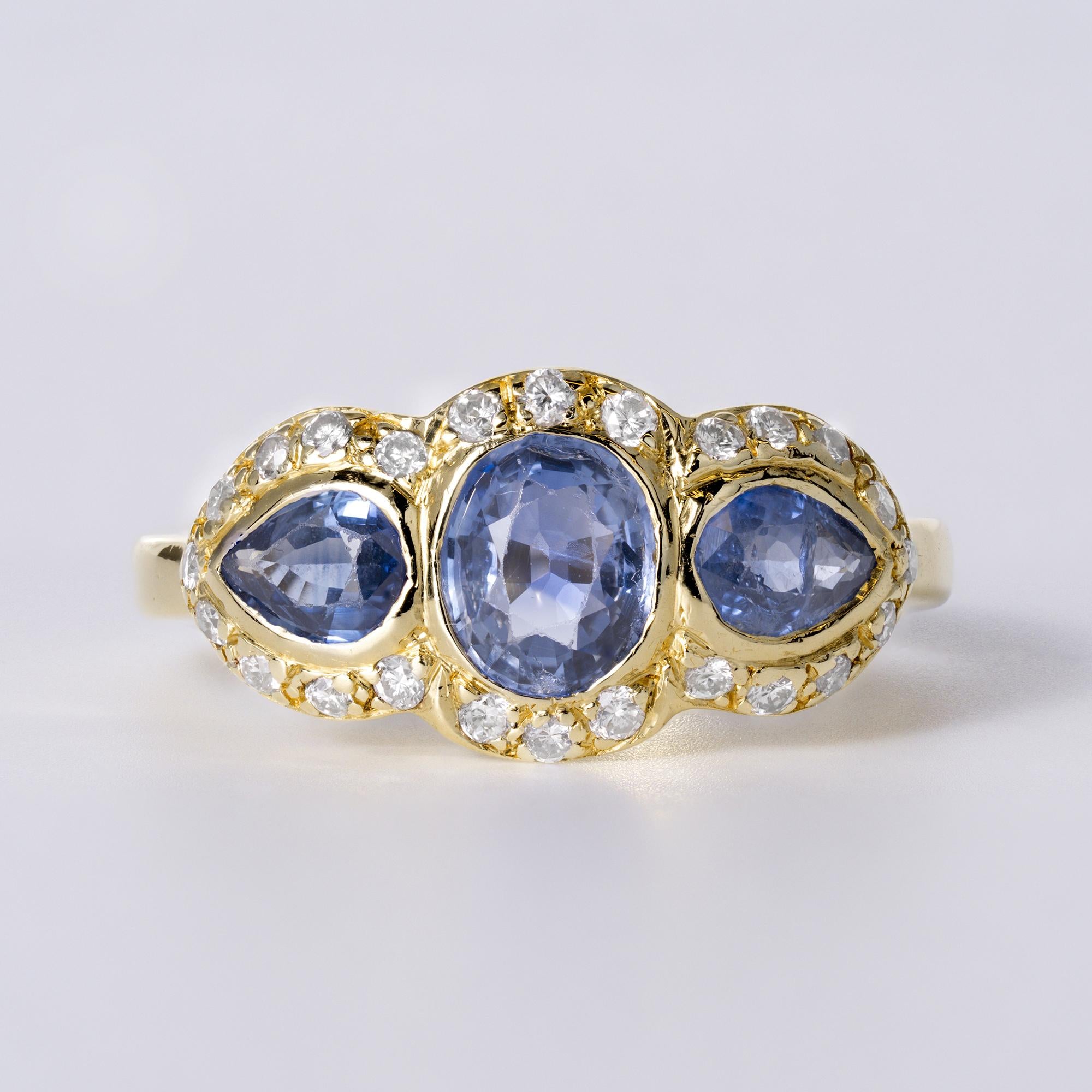 1950's English Edwardian Revival Sapphire Diamond 3-Stone 18k Gold Ring