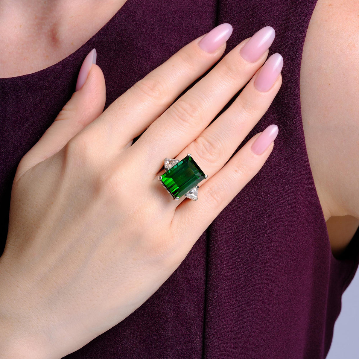 Estate 29 Carat Green Tourmaline & Diamond Platinum Cocktail Ring