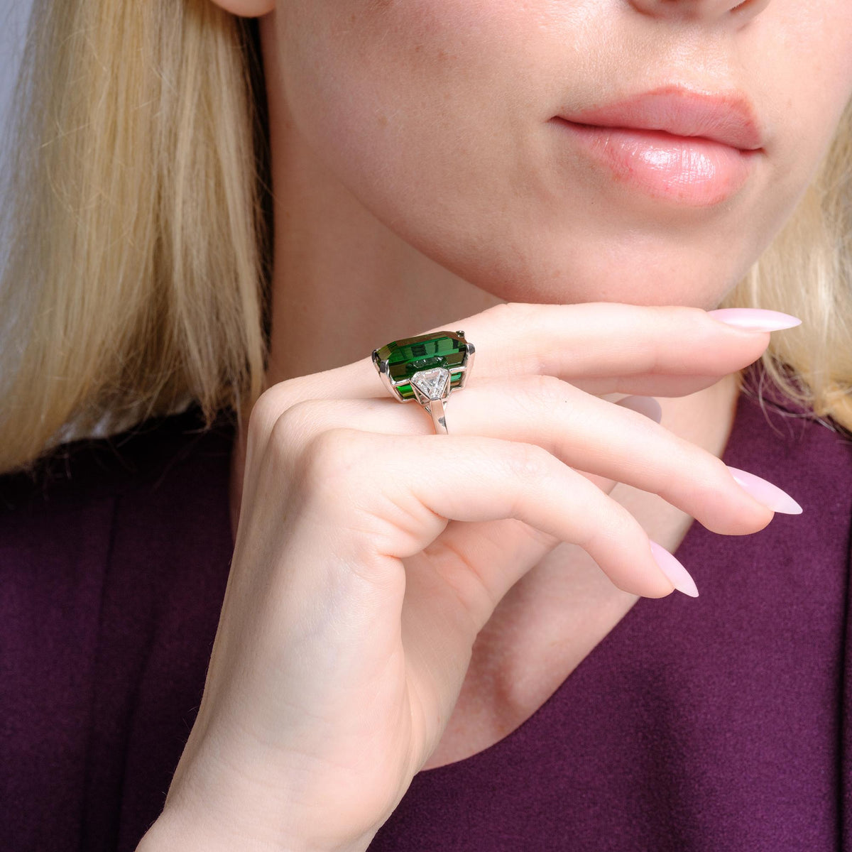 Estate 29 Carat Green Tourmaline & Diamond Platinum Cocktail Ring