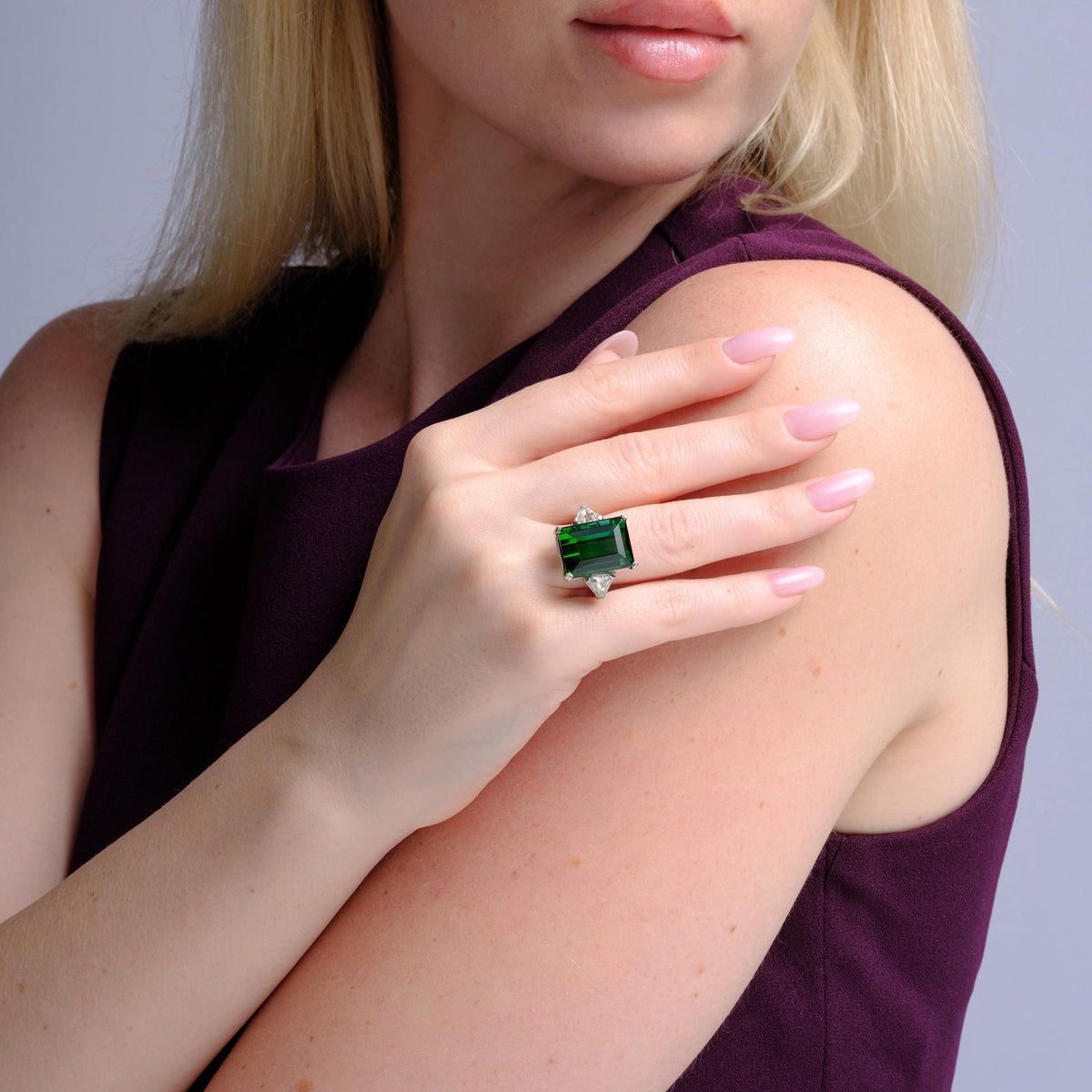 Estate 29 Carat Green Tourmaline & Diamond Platinum Cocktail Ring