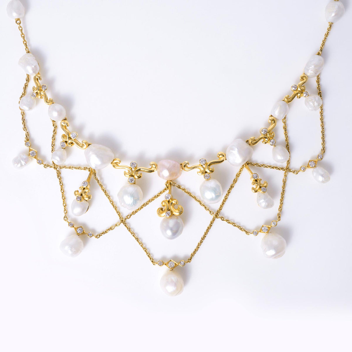 Estate Grand Baroque Pearl 18k Gold Diamond Estate Garland Bib Necklace