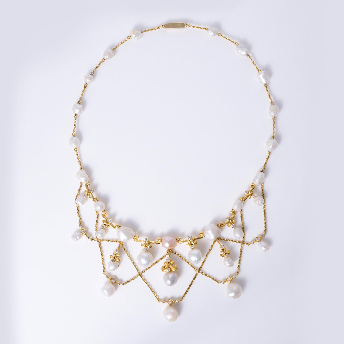 Estate Grand Baroque Pearl 18k Gold Diamond Estate Garland Bib Necklace