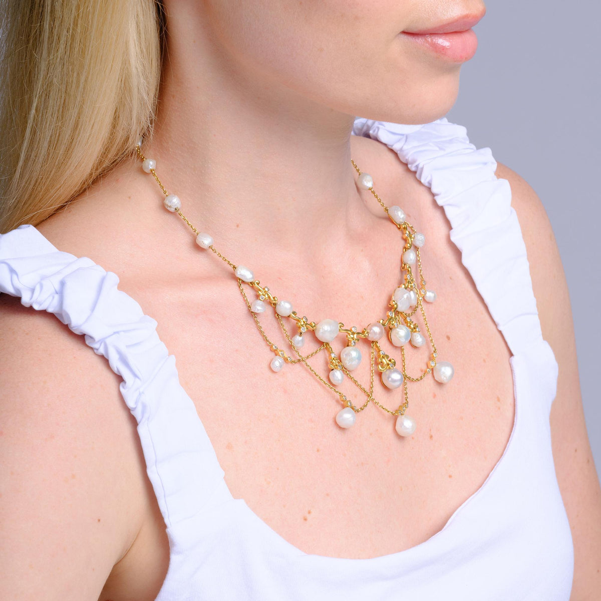 Estate Grand Baroque Pearl 18k Gold Diamond Estate Garland Bib Necklace