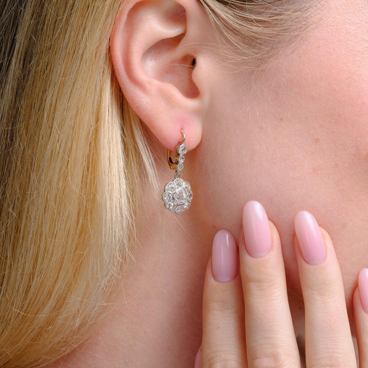 Edwardian Old Mine Diamond Plat/14k Floral Daisy Dangle Earrings