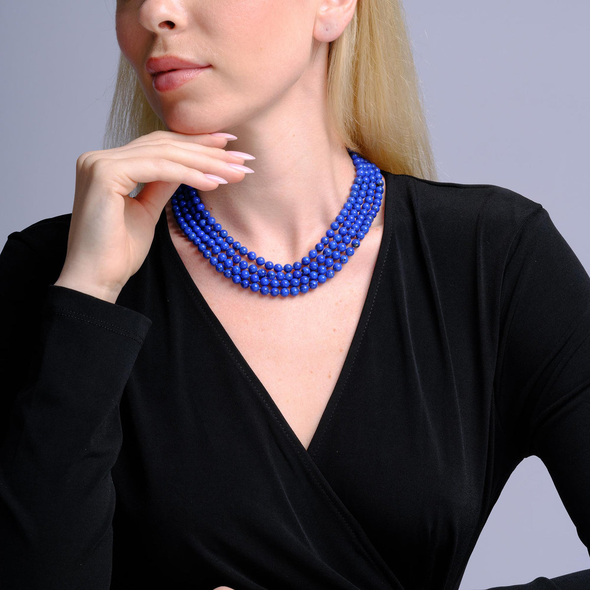 Mid Century Multi Strand Lapis Lazuli Beads Diamond Clasp Necklace