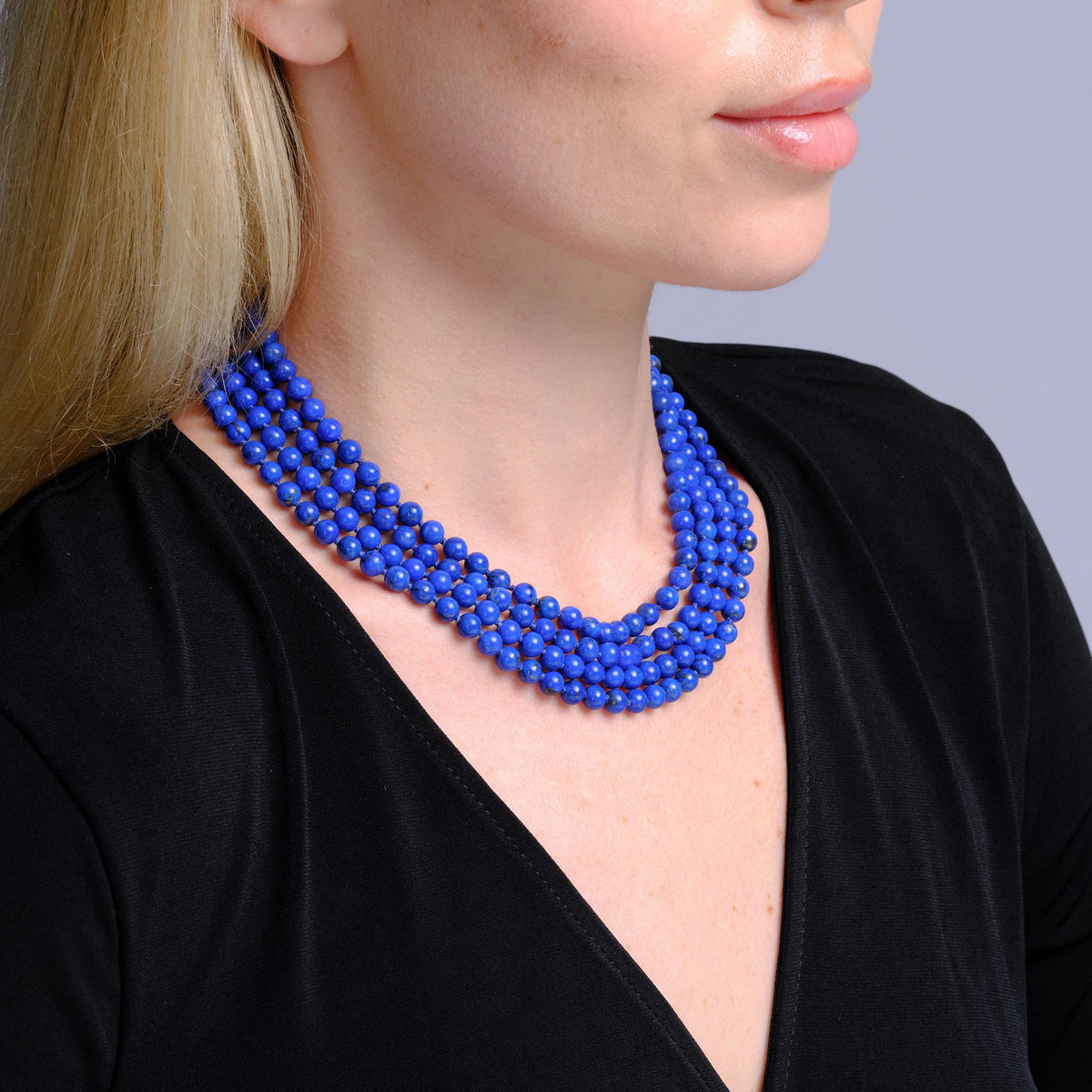 Mid Century Multi Strand Lapis Lazuli Beads Diamond Clasp Necklace