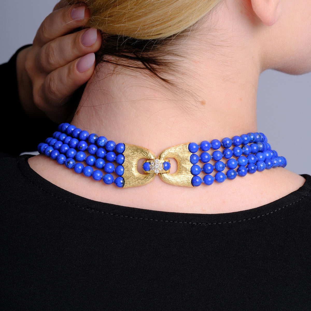 Mid Century Multi Strand Lapis Lazuli Beads Diamond Clasp Necklace