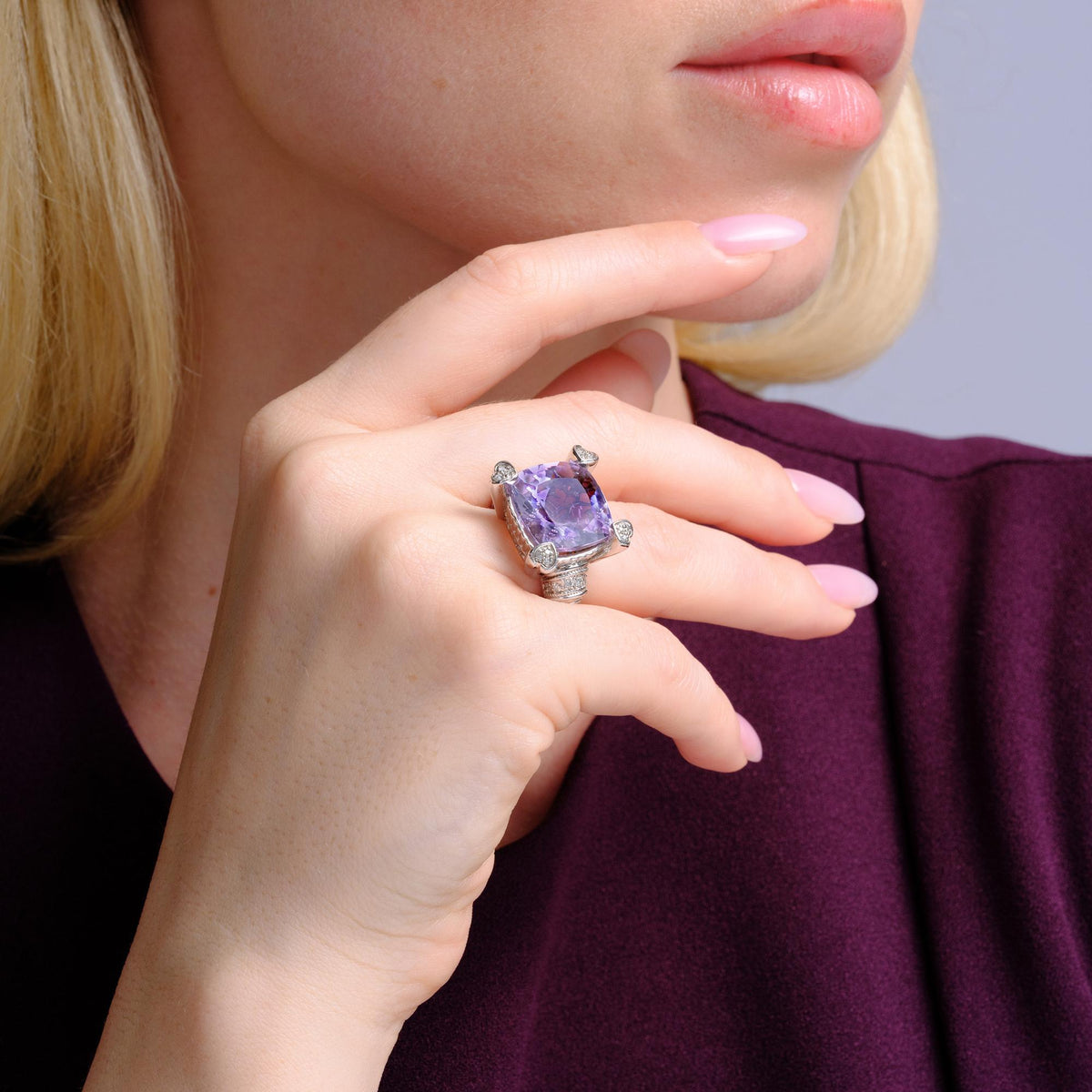 Vintage Judith Ripka 15 Carat Kunzite & Diamond Hearts Cocktail Ring