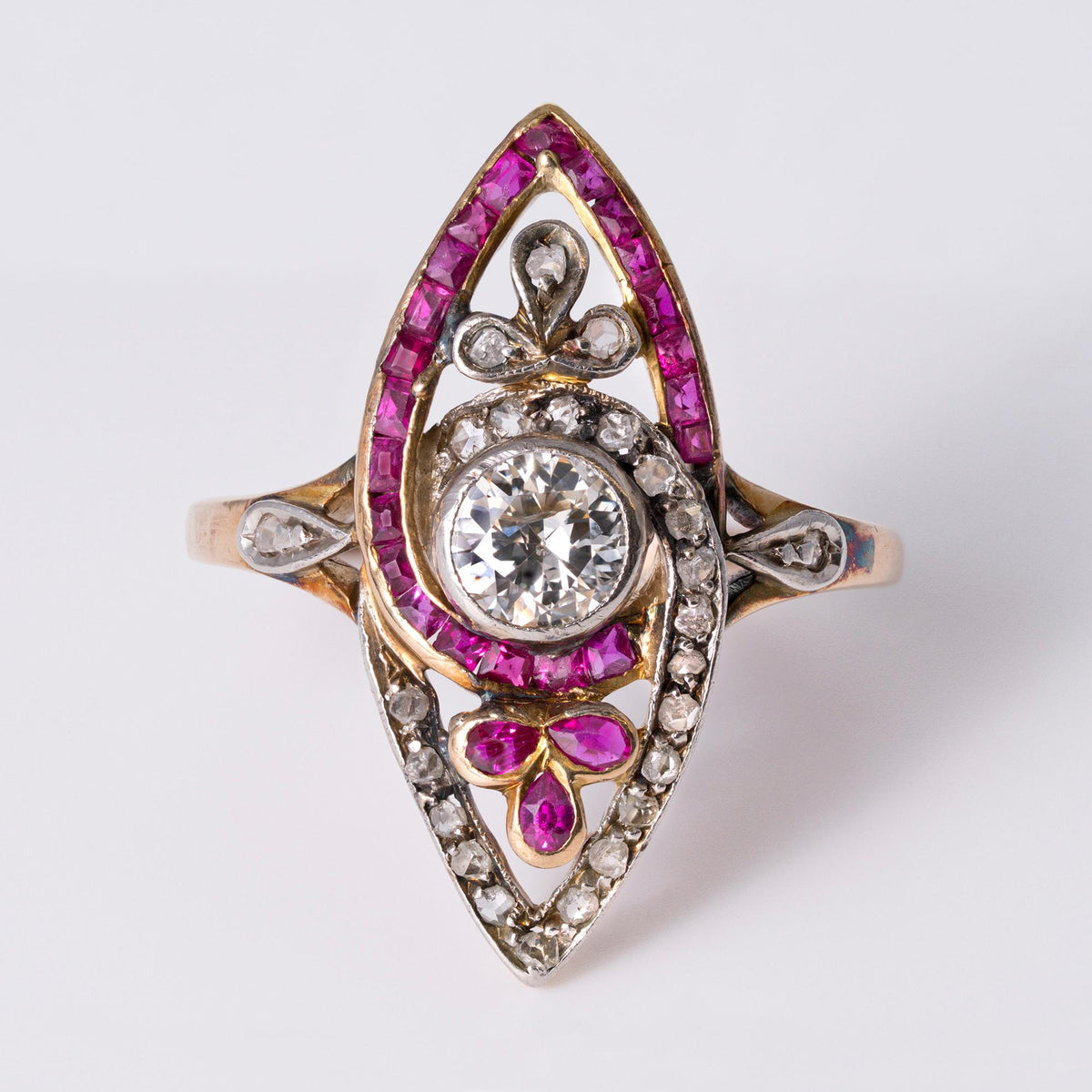 Antique Victorian Asymmetric Diamond & Ruby Fleur-des-Lis Navette Ring