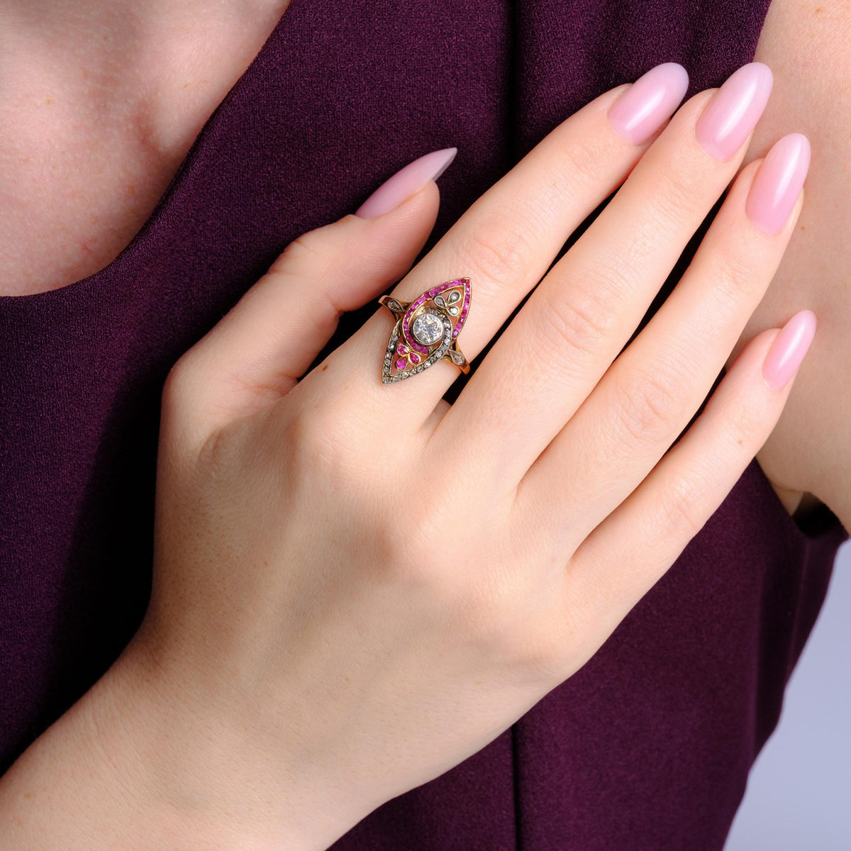 Antique Victorian Asymmetric Diamond & Ruby Fleur-des-Lis Navette Ring