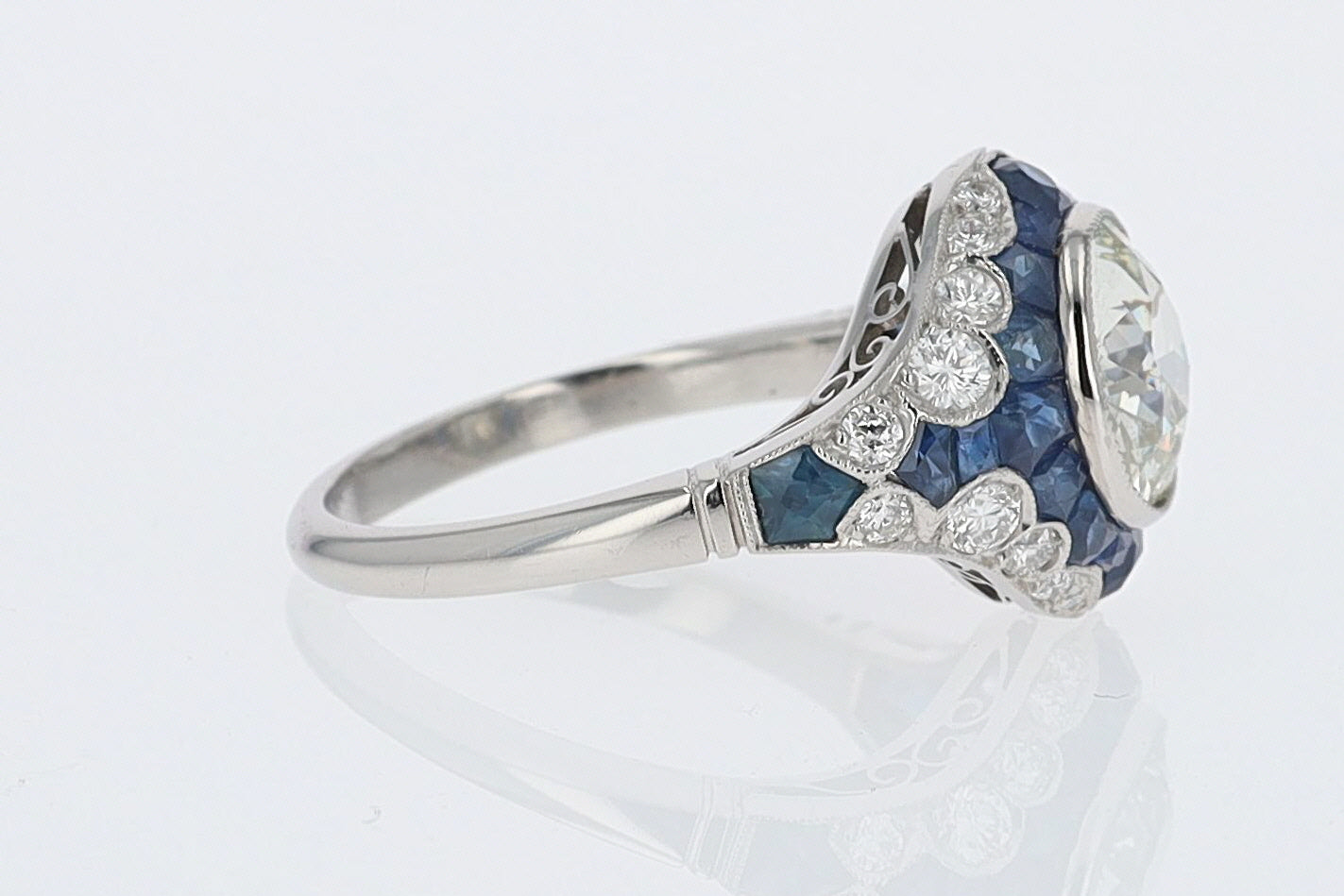2.56 Carat Old European Diamond & Sapphire Dome Engagement Ring