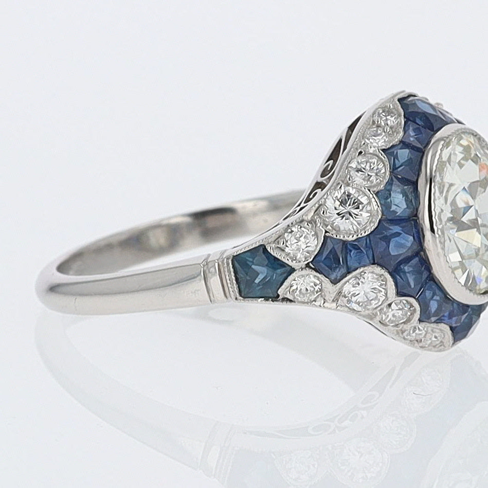 2.56 Carat Old European Diamond & Sapphire Dome Engagement Ring
