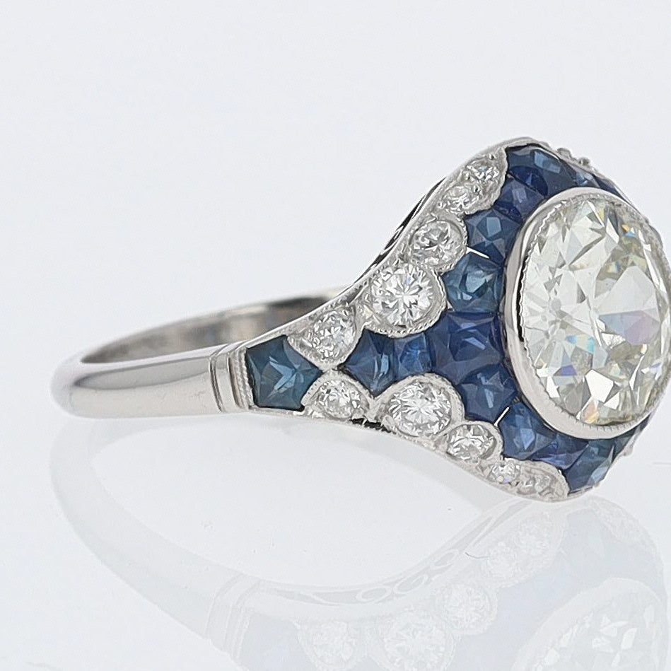2.56 Carat Old European Diamond & Sapphire Dome Engagement Ring