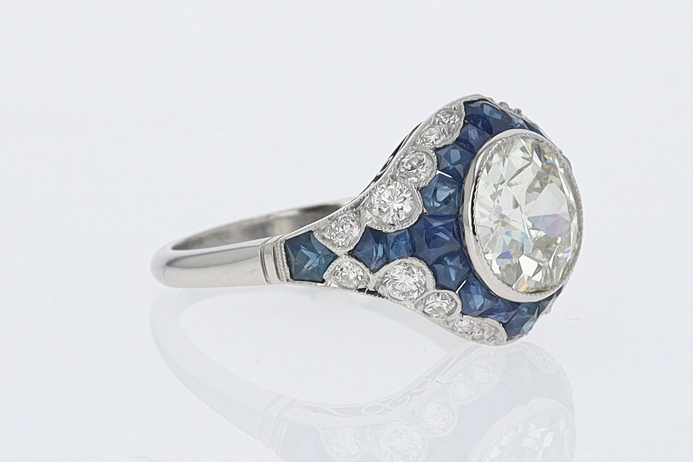 2.56 Carat Old European Diamond & Sapphire Dome Engagement Ring