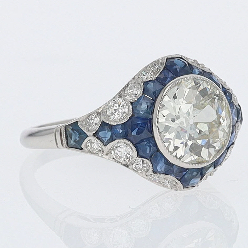 2.56 Carat Old European Diamond & Sapphire Dome Engagement Ring