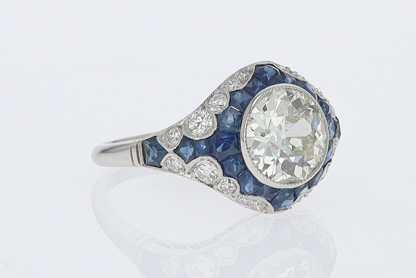 2.56 Carat Old European Diamond & Sapphire Dome Engagement Ring