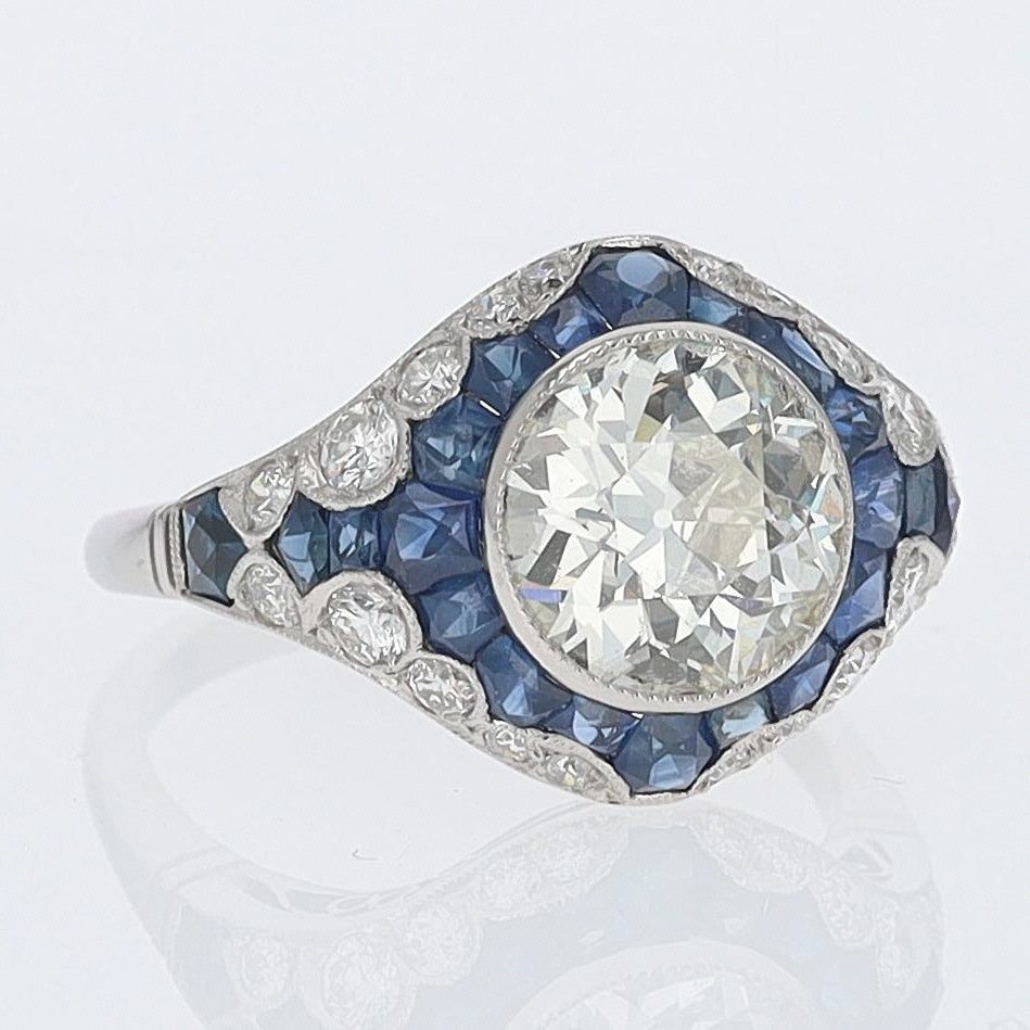 2.56 Carat Old European Diamond & Sapphire Dome Engagement Ring
