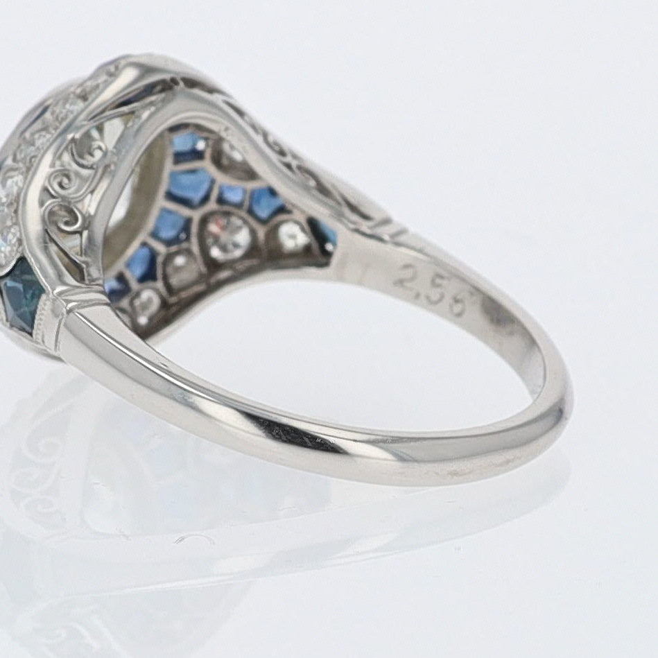 2.56 Carat Old European Diamond & Sapphire Dome Engagement Ring