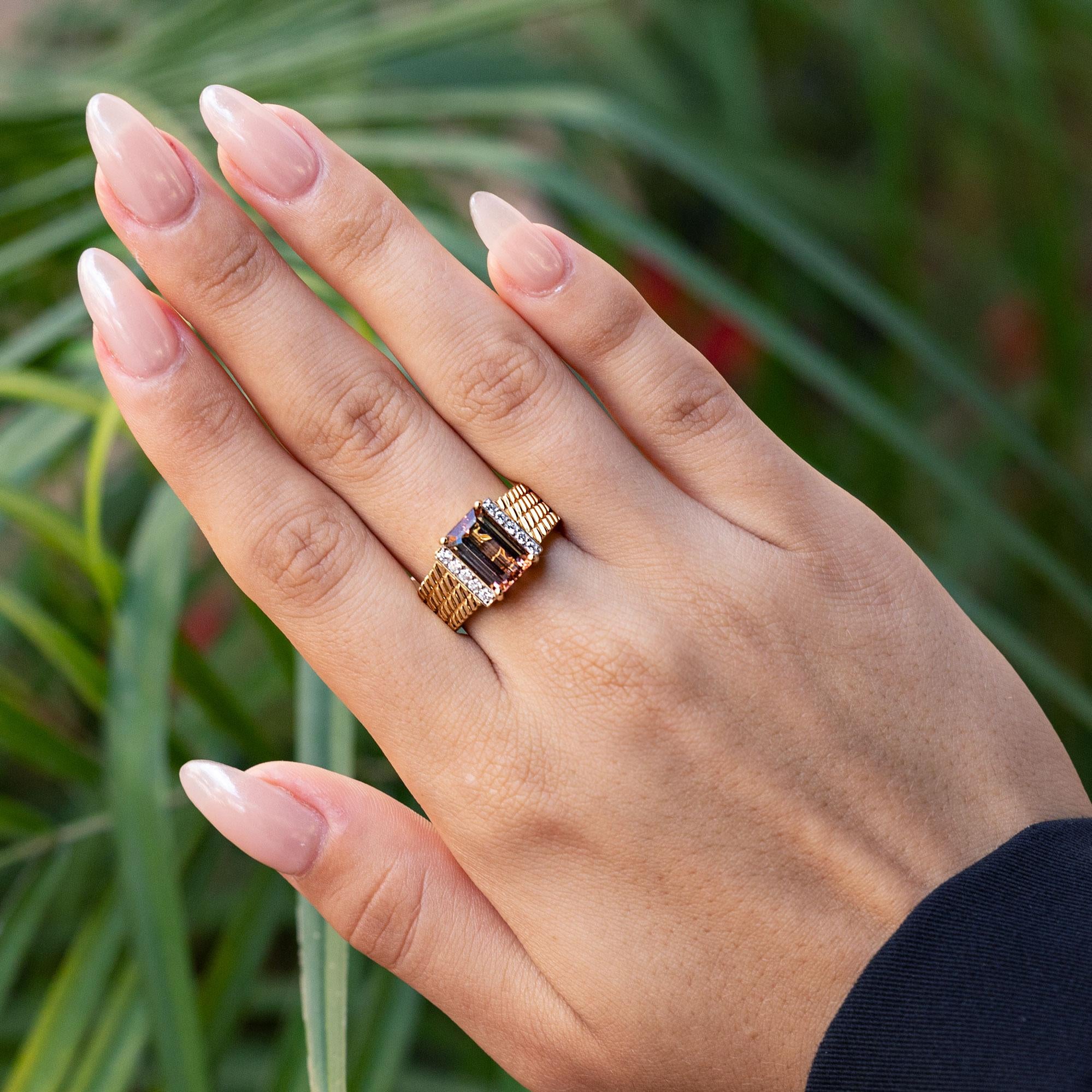 Sleek 3 Carat Bicolor Tourmaline and Diamond 18k Gold Engagement Ring