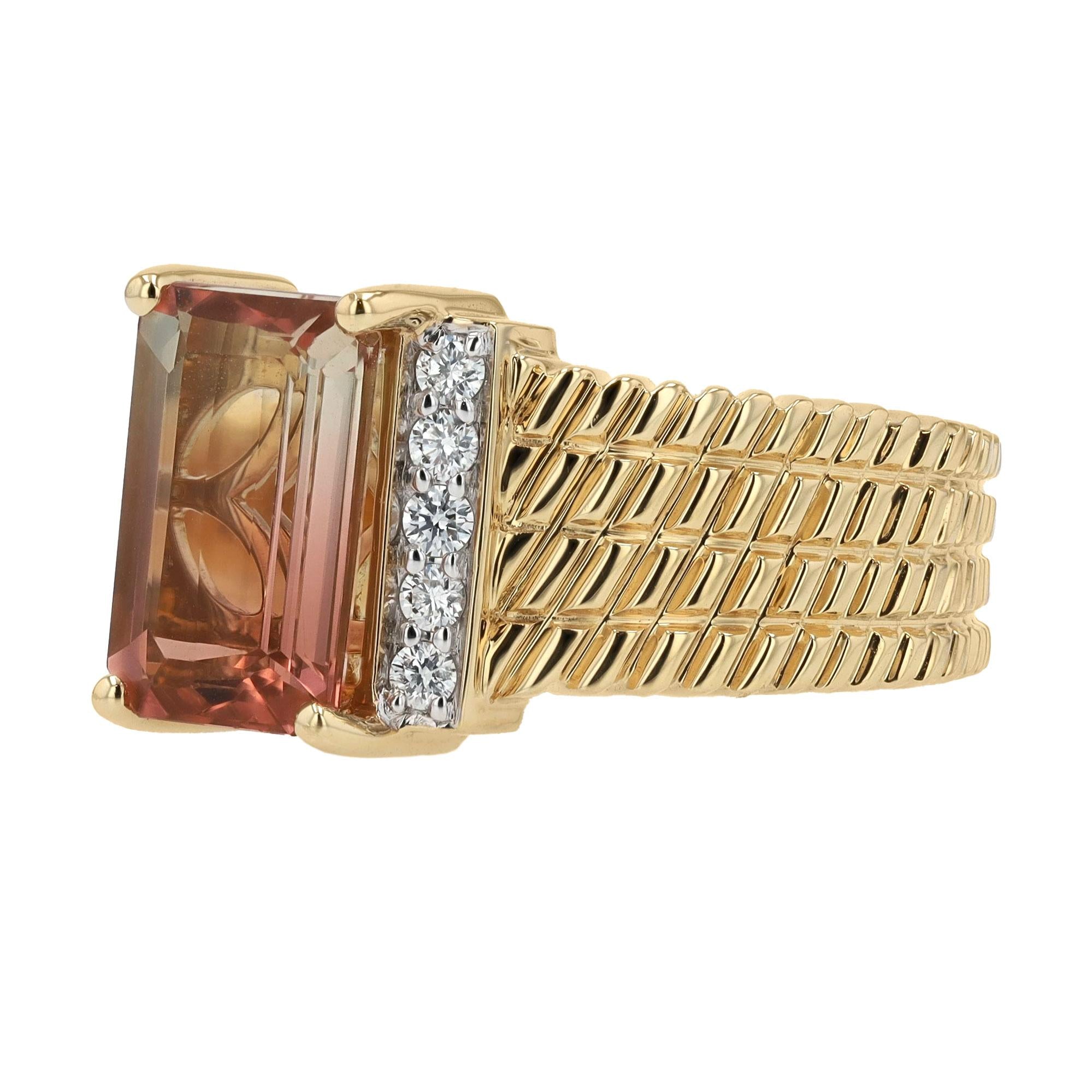 Sleek 3 Carat Bicolor Tourmaline and Diamond 18k Gold Engagement Ring