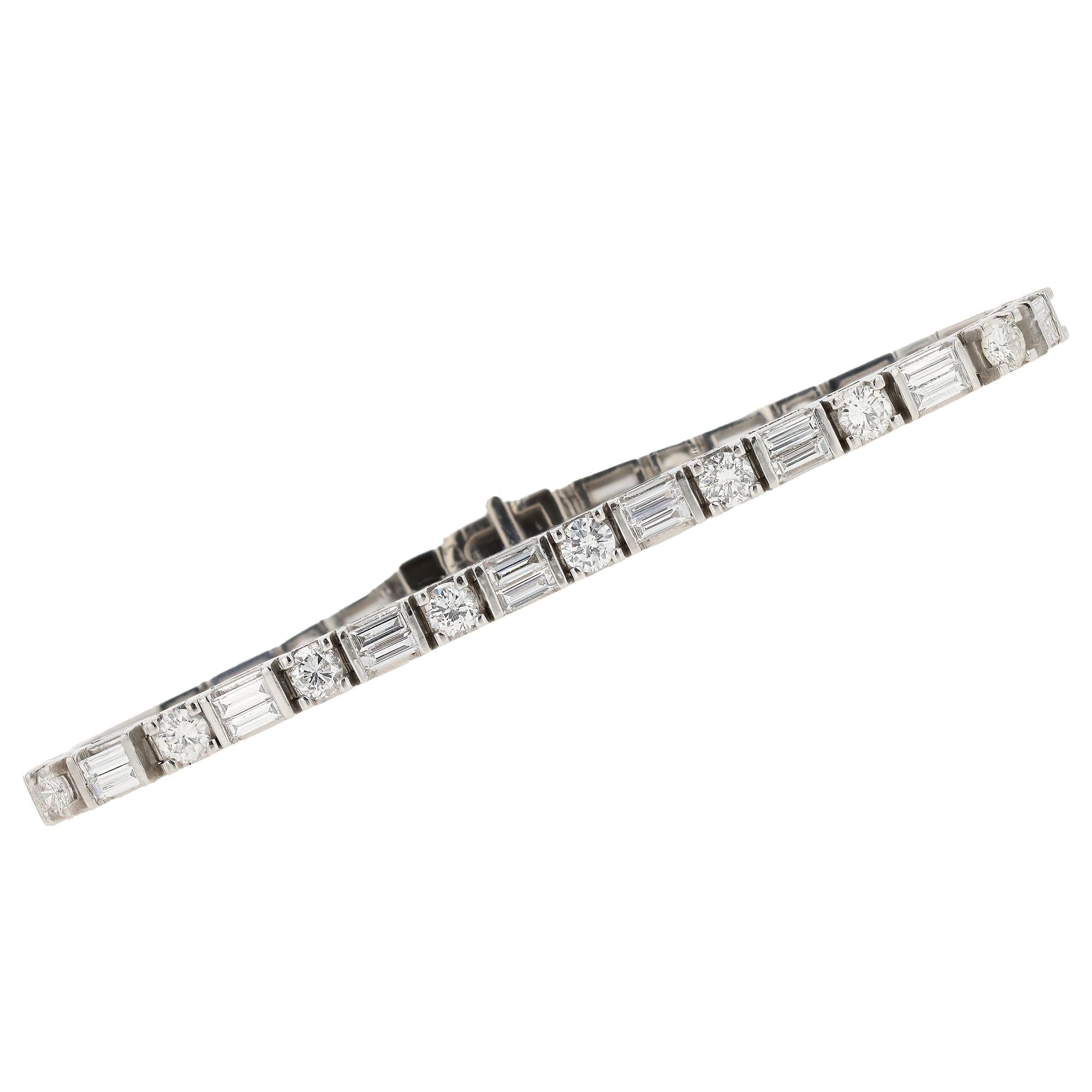 Estate Platinum 3 Carat Mixed Round & Baguette Diamond Tennis Bracelet