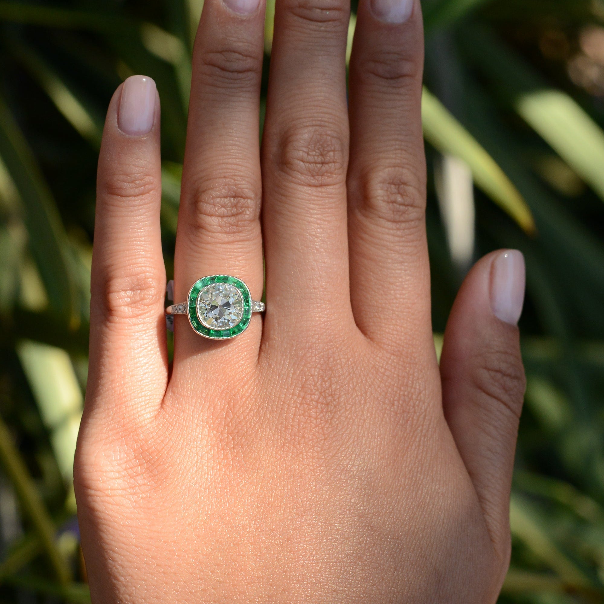 3 Carat Old Mine Cut Diamond & Emerald Engagement Ring