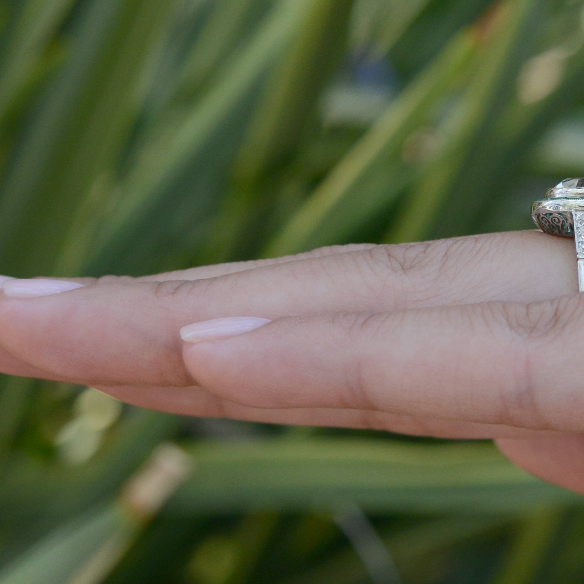 3 Carat Old Mine Cut Diamond & Emerald Engagement Ring