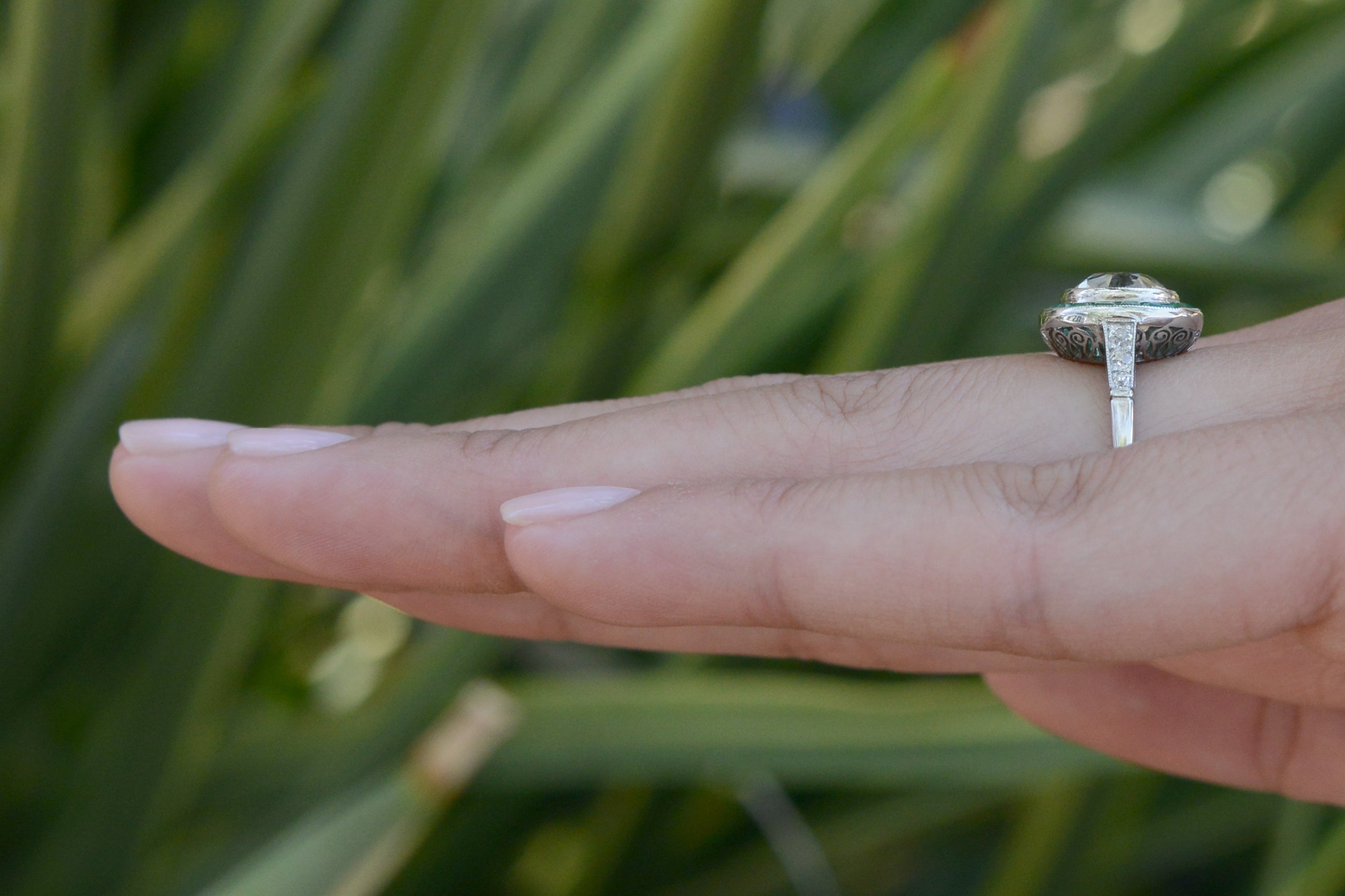 3 Carat Old Mine Cut Diamond & Emerald Engagement Ring