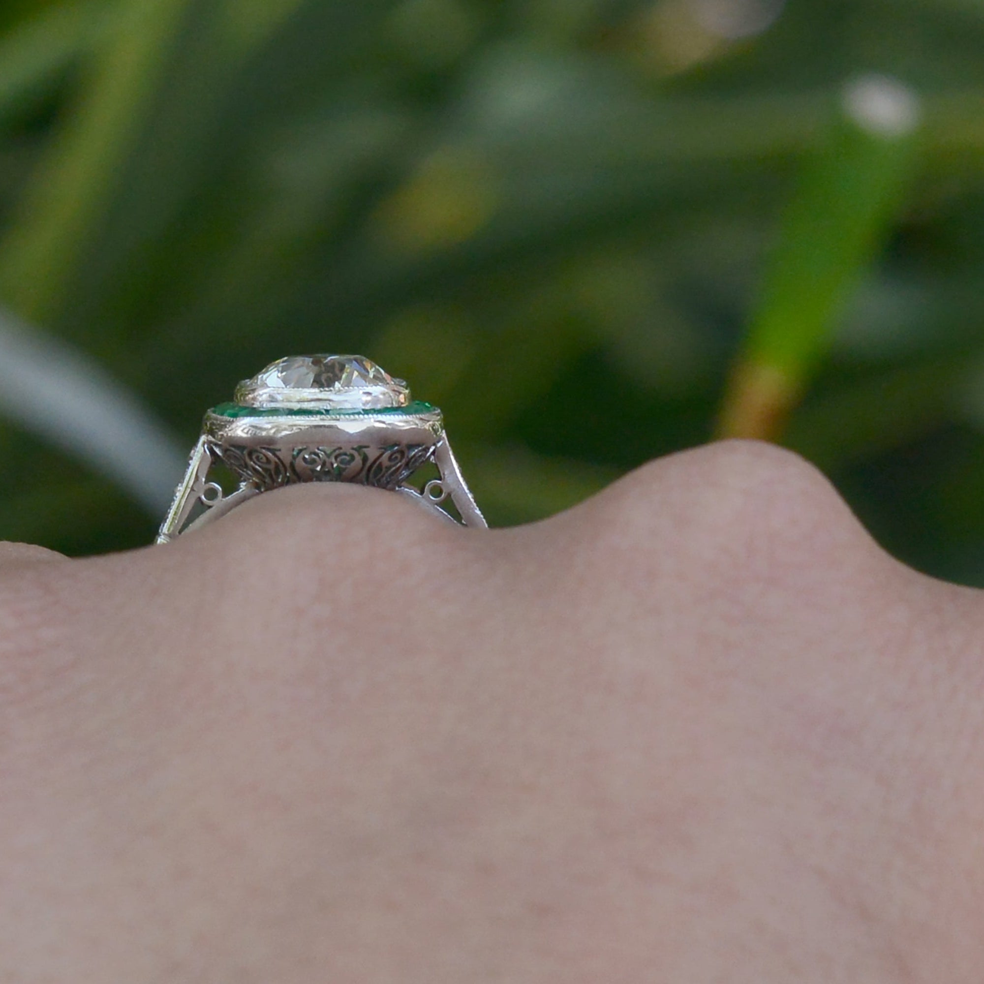 3 Carat Old Mine Cut Diamond & Emerald Engagement Ring