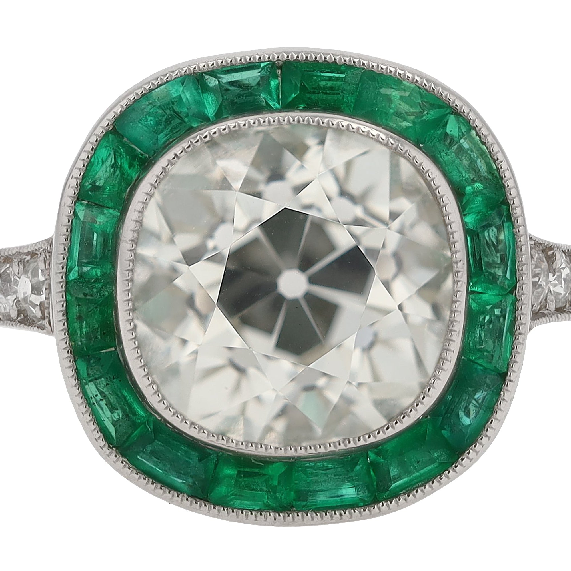 3 Carat Old Mine Cut Diamond & Emerald Engagement Ring