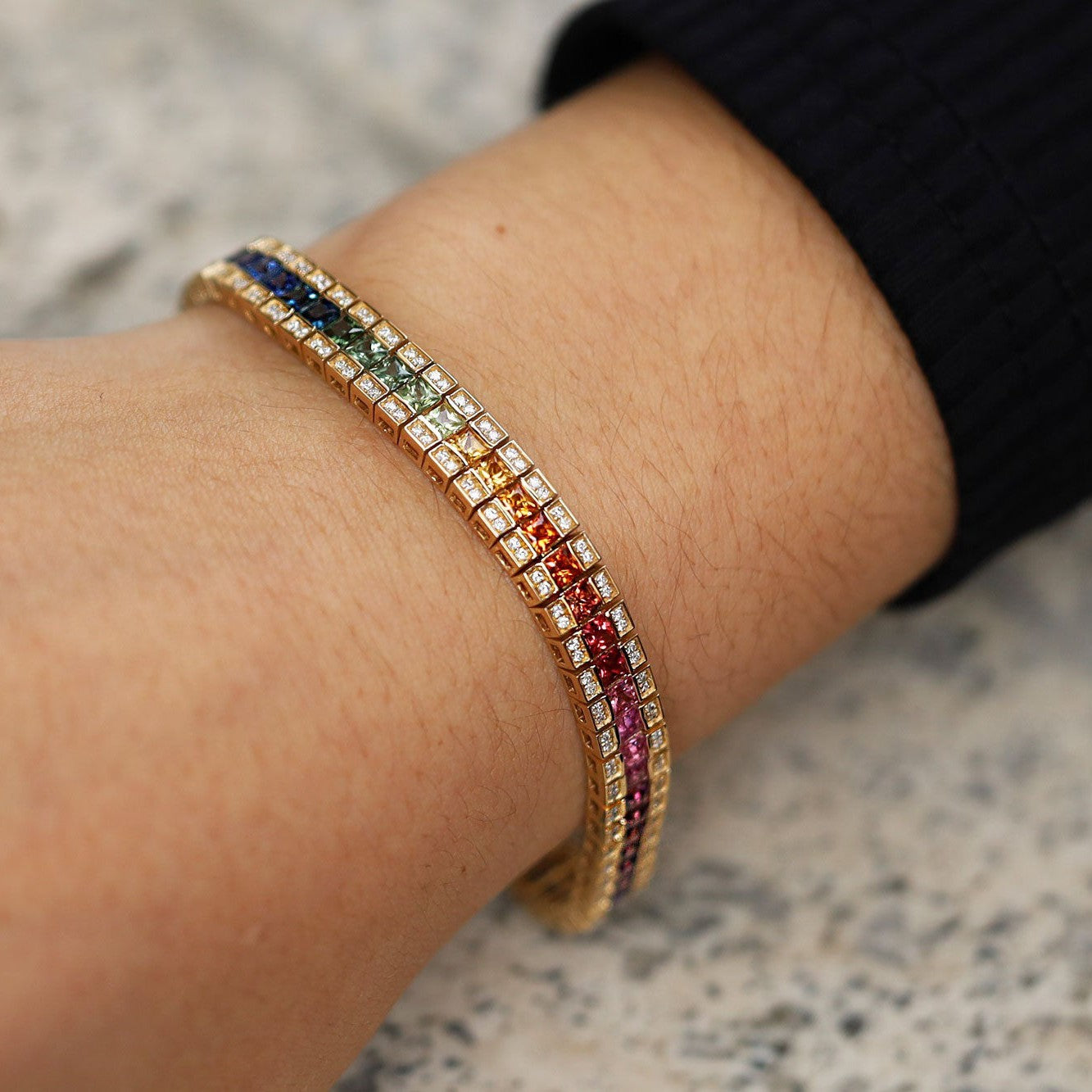 3 Row Rainbow Sapphire & Diamond Straight Line Tennis Bracelet