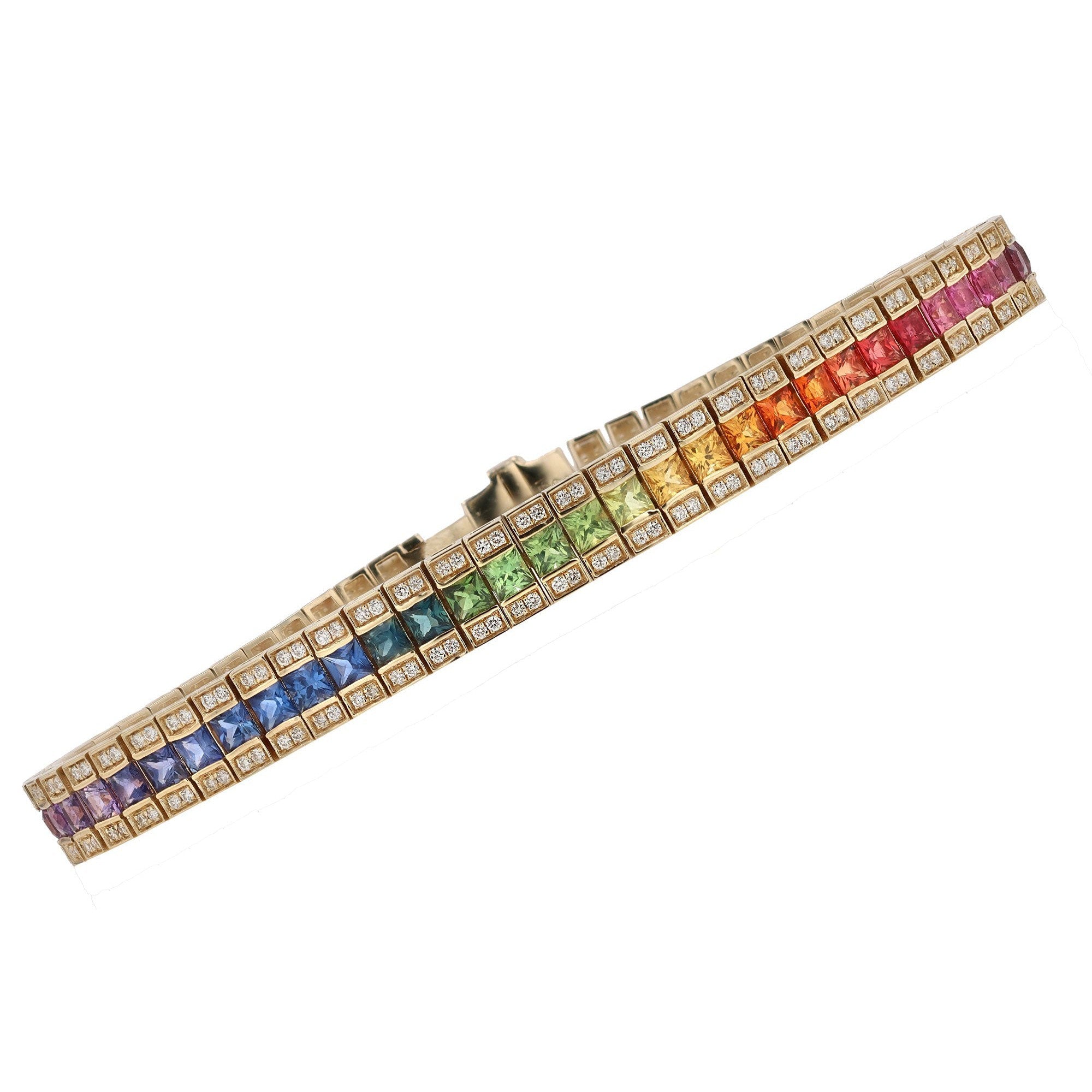3 Row Rainbow Sapphire & Diamond Straight Line Tennis Bracelet