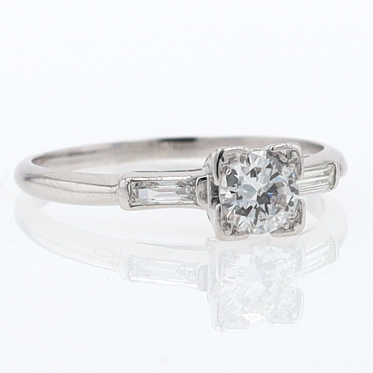 3 Stone Petite Platinum Art Deco Diamond Engagement Ring