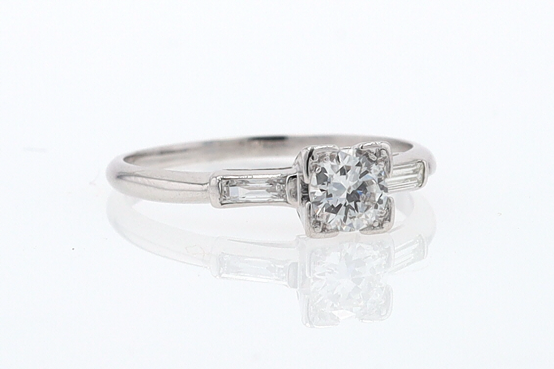 3 Stone Petite Platinum Art Deco Diamond Engagement Ring